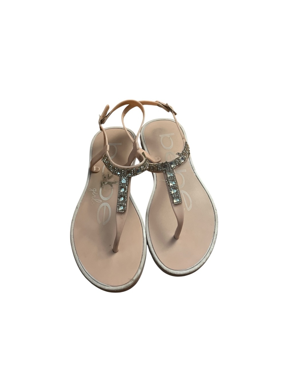 bebe Pink Nude Jeweled T‑Strap Sandals